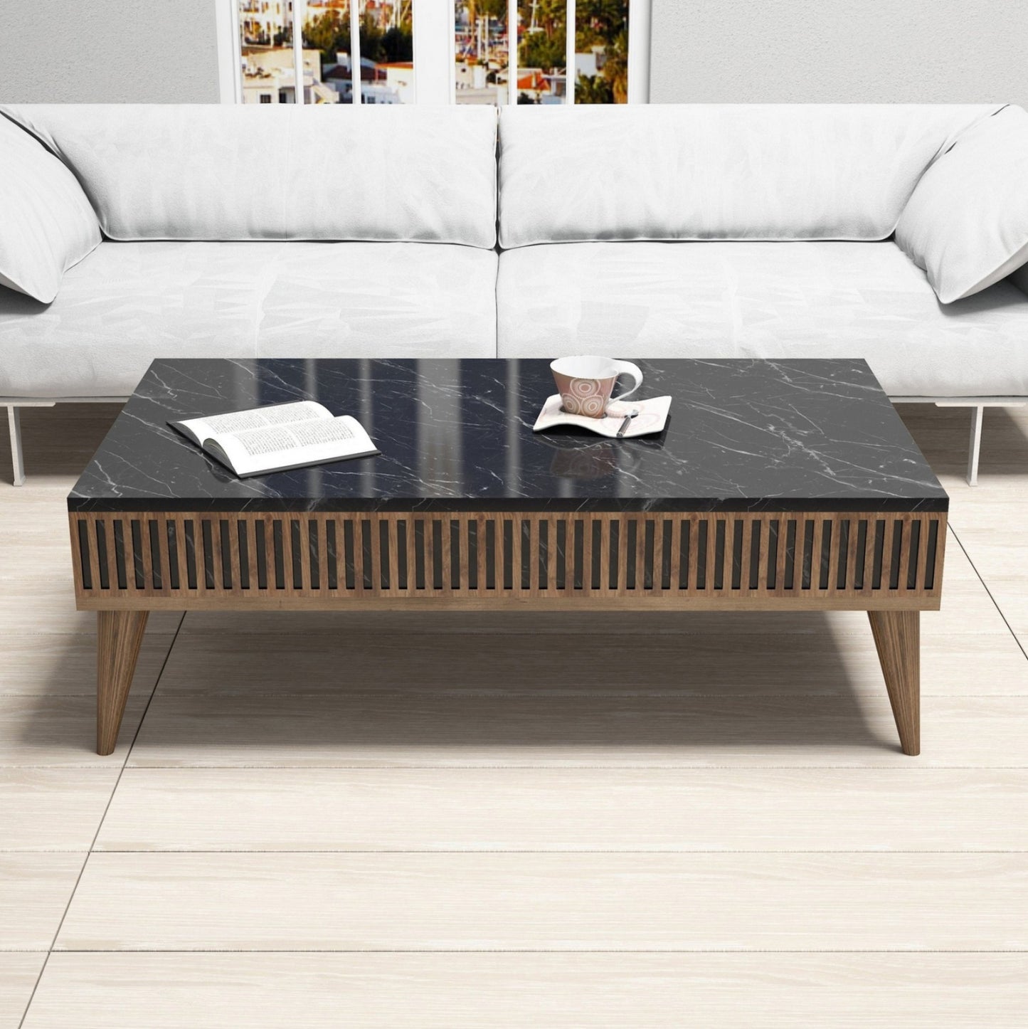 Coffee Table Hm9505.02 Melamine Walnut-black Marble-look Top 105x60x34.6hcm.
