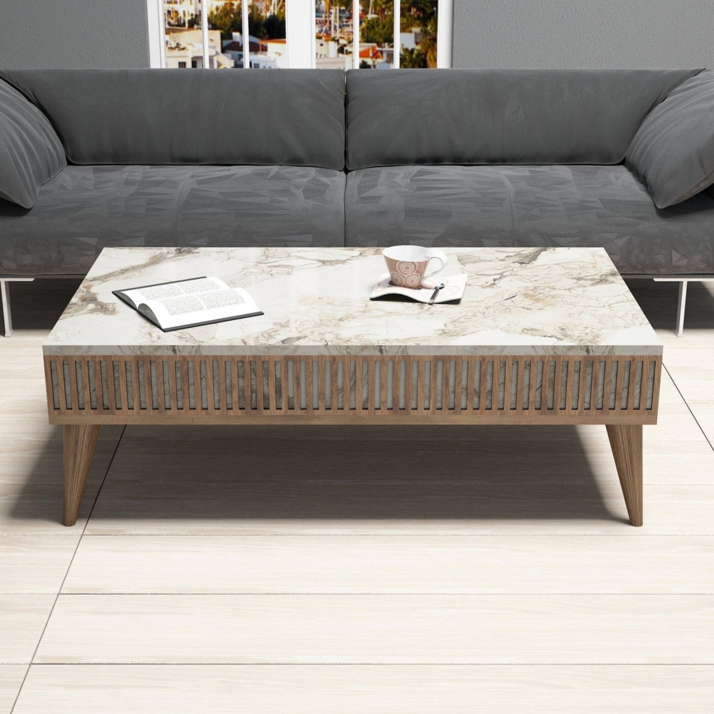 Coffee Table Hm9505.03 Melamine In Walnut-white Marble-look Top 105x60x34.6hcm.