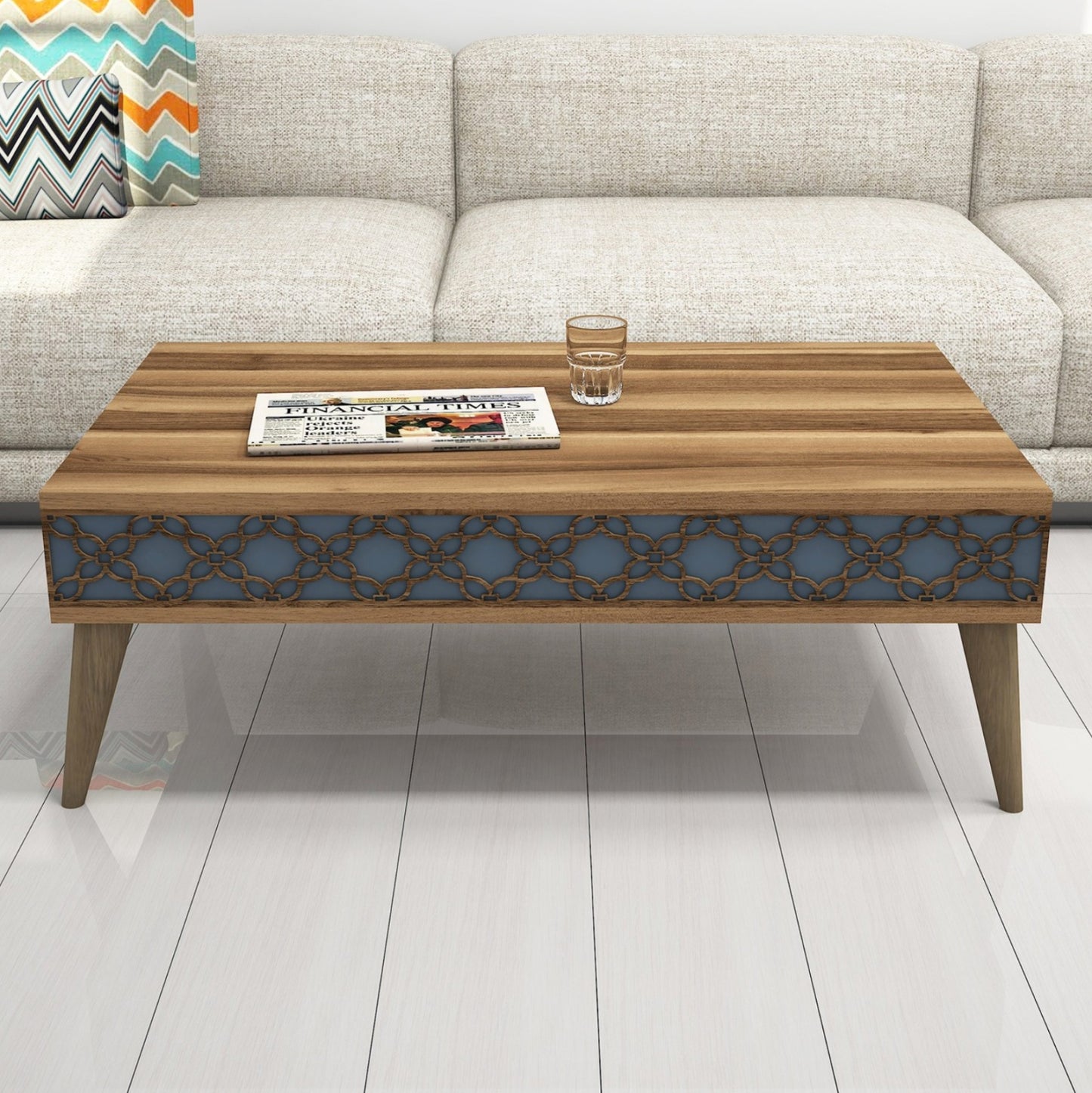 Coffee Table Melamine Hm9499.02 Walnut Color & Sky Blue Carved Sides 105x60x36.6hcm.