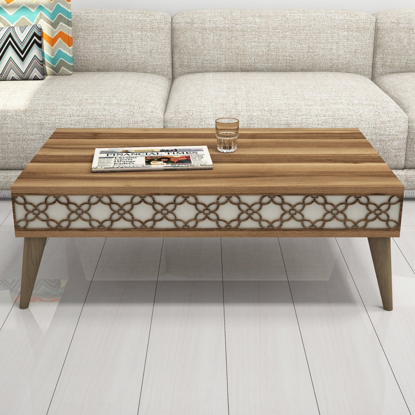 Coffee Table Melamine Hm9499.03 In Walnut Color With Cream Sides 105x60x36.6hcm.