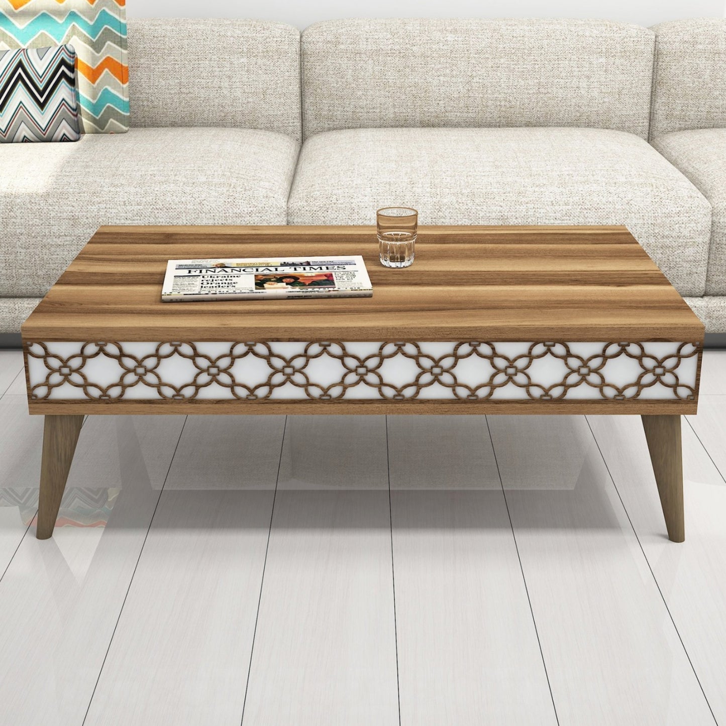 Coffee Table Melamine Hm9499.04 In Walnut Color And White Sides 105x60x36.6hcm.