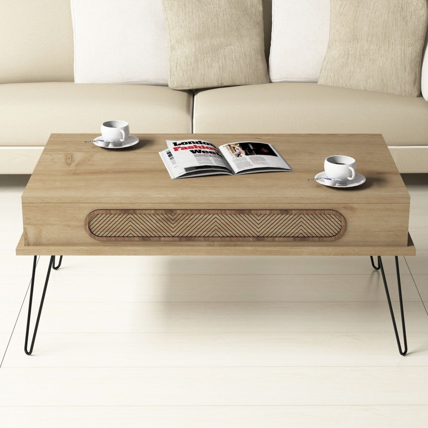 Coffee Table Melamine Hm9500.01 Oak Color-metallic Legs 105x56x45.8hcm.