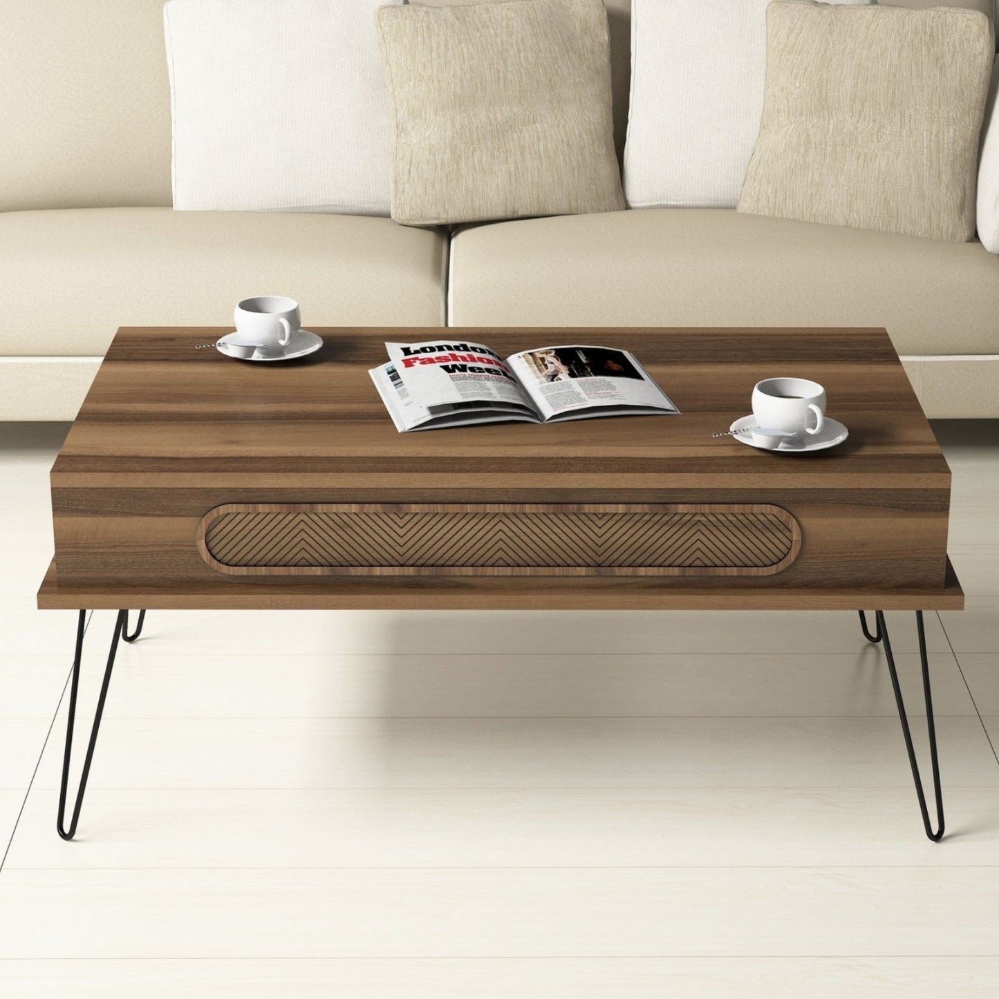 Coffee Table Melamine Hm9500.02 In Walnut Color-metallic Legs 105x56x45.8hcm.