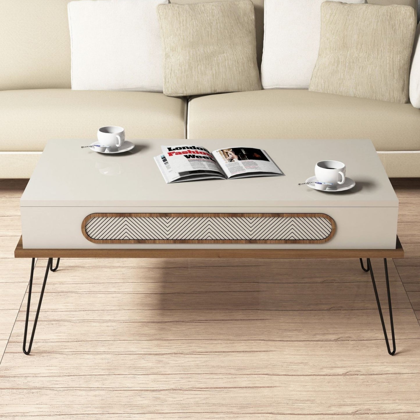 Coffee Table Melamine Hm9500.03 In Cream Color-metallic Legs 105x56x45.8hcm.