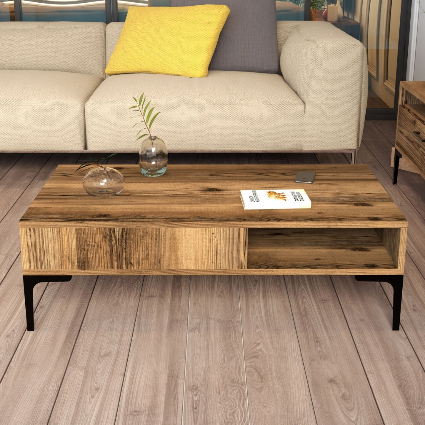 Coffee Table Melamine Hm9503.01 In Walnut Color & Metal Legs 105x60x32.6hcm.
