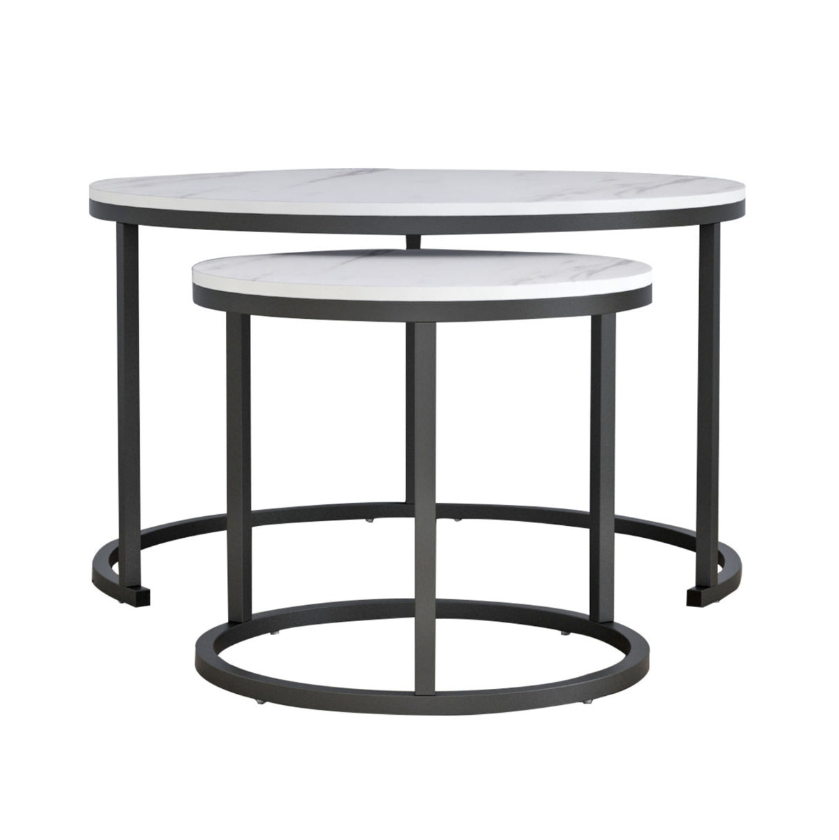 Coffee Tables Set 2pcs Mdf White Marble Look Black Legs Φ80x48cm.hm8763.12