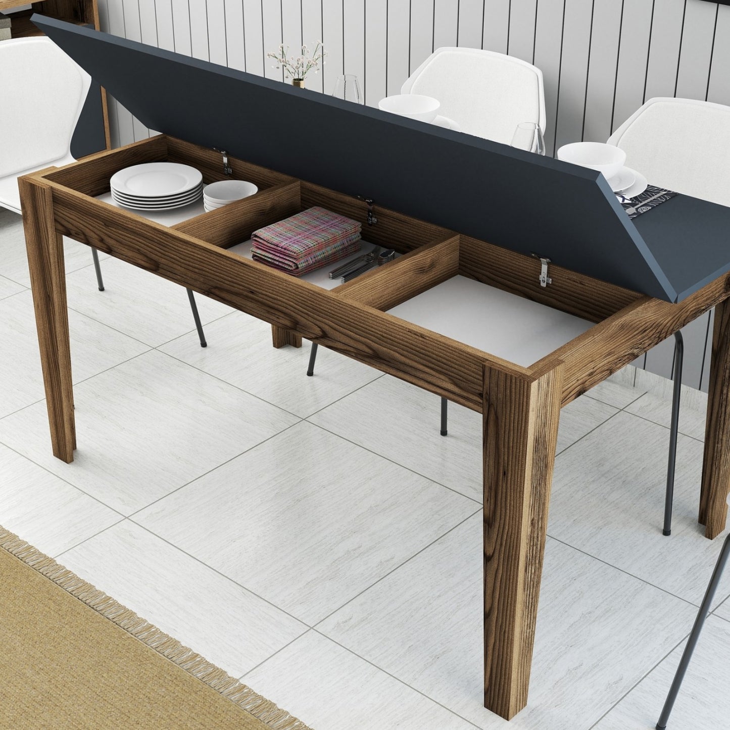 Dining Table Standard Hm9507.01 Melamine Walnut-anthracite With Storage Space 145x88x75hcm.