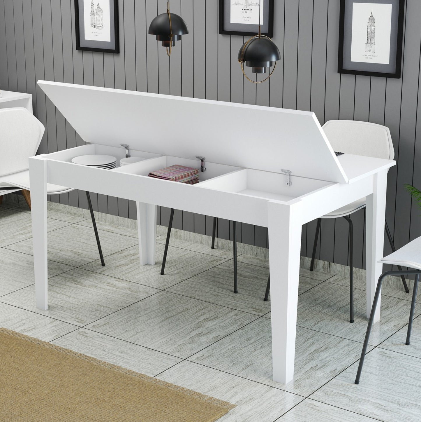 Dining Table Standard Hm9507.06 Melamine WΗΙΤΕ With Storage Space 145x88x75hcm.