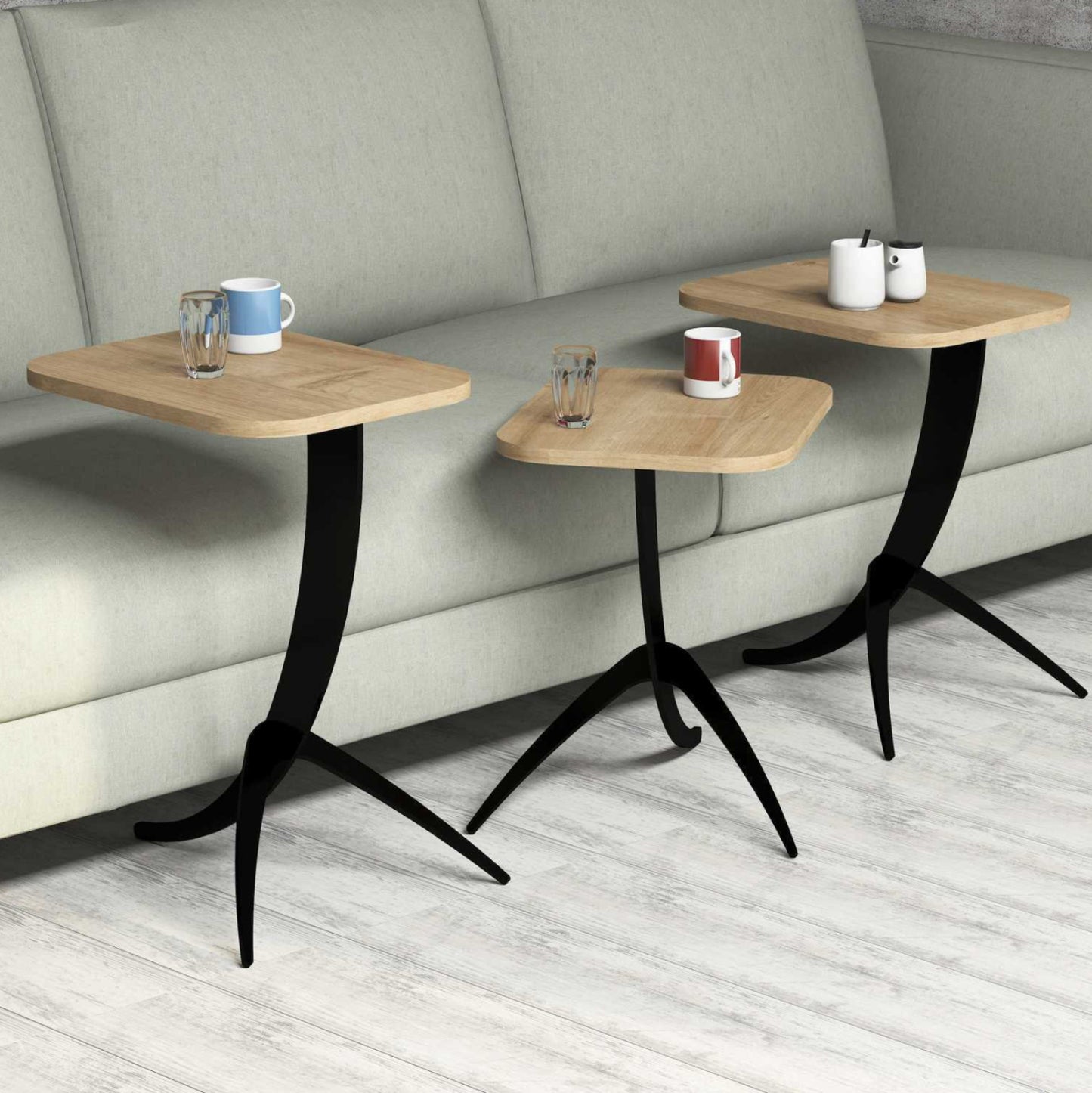 Side Tables 3pcs Hm9508.01 Melamine In Natural Oak-black Metal Legs 35x45x60hcm.
