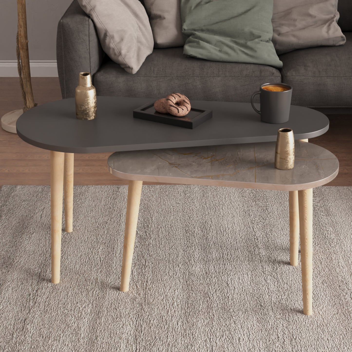 Coffee Tables 2pcs Aprilia Hm18179.06 Melamine In Anthracite & Grey Marble-wooden Legs In Natural 95x47x47hcm