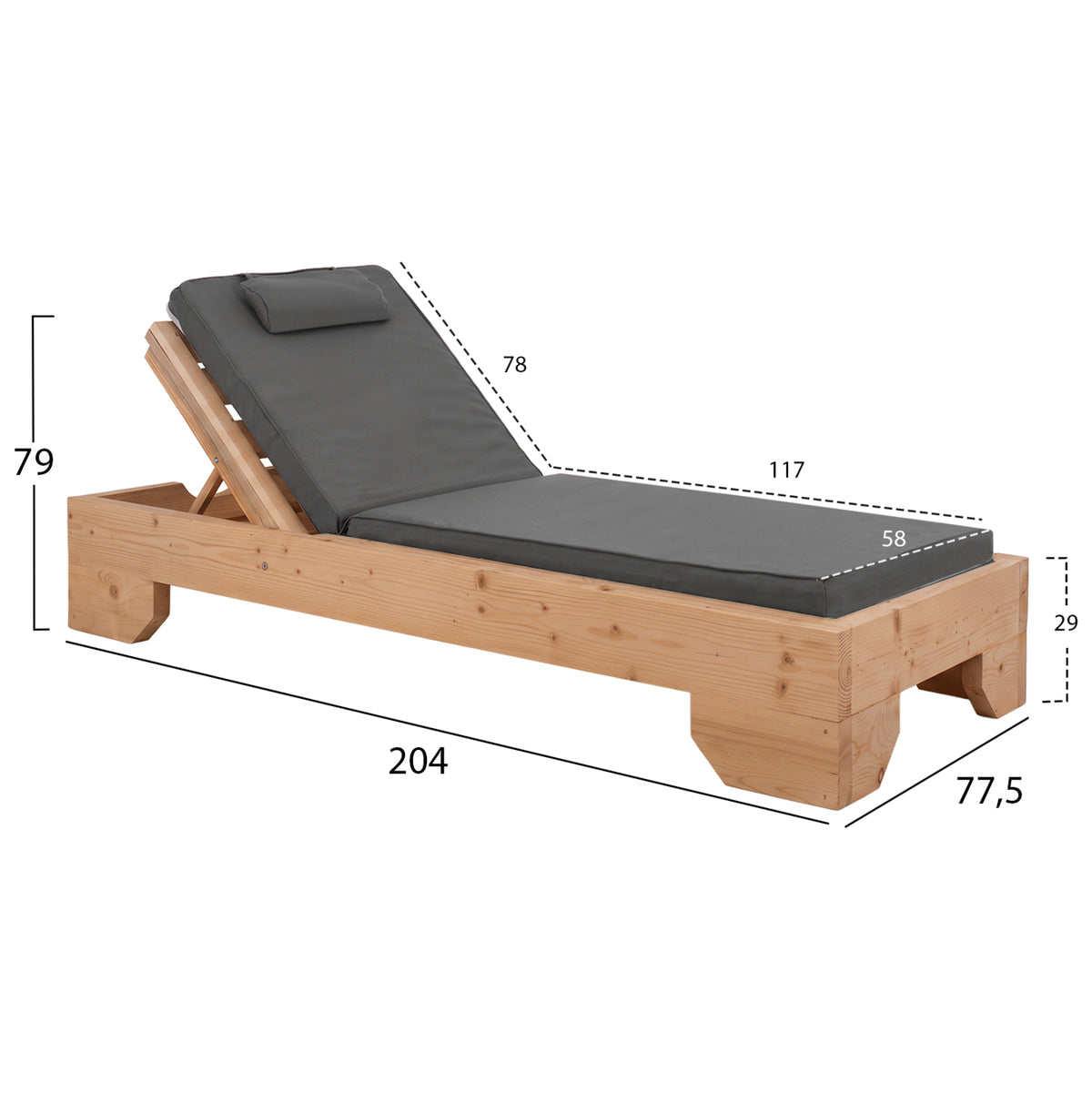 Beach Lounger Makedonia Hm12110 Pine Wood In Natural--cushion In Grey 77.5x204x79hcm.