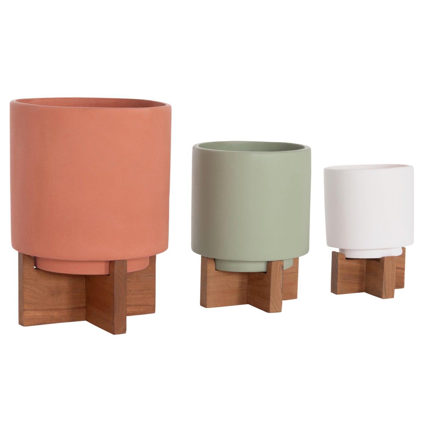 Set 3 Pots/vases With Teak Bases Tanti Hm4685 Fiber Cement In 3 Colors