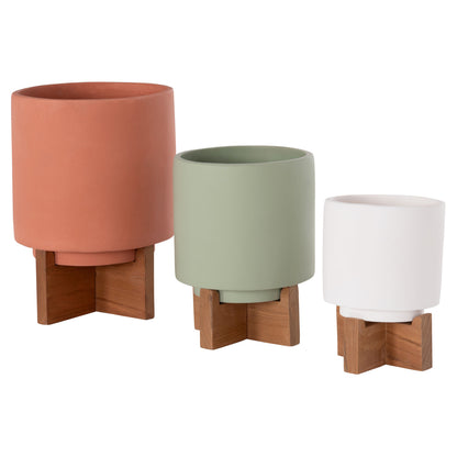 Set 3 Pots/vases With Teak Bases Tanti Hm4685 Fiber Cement In 3 Colors