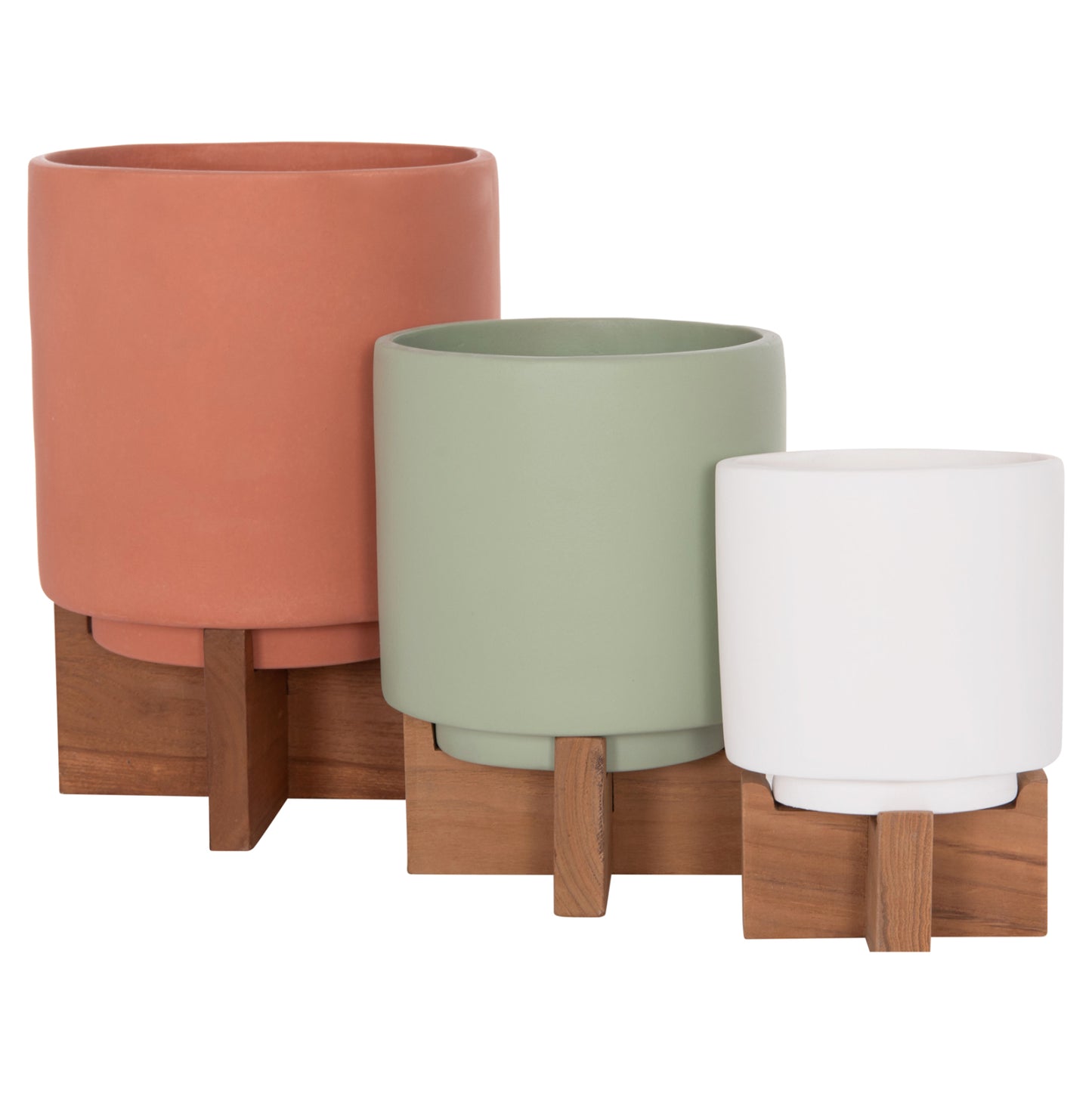 Set 3 Pots/vases With Teak Bases Tanti Hm4685 Fiber Cement In 3 Colors