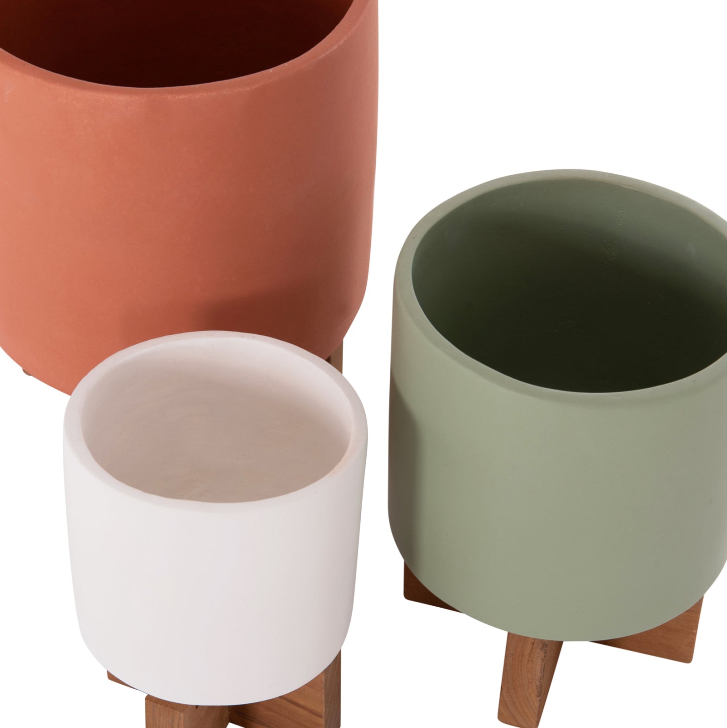 Set 3 Pots/vases With Teak Bases Tanti Hm4685 Fiber Cement In 3 Colors