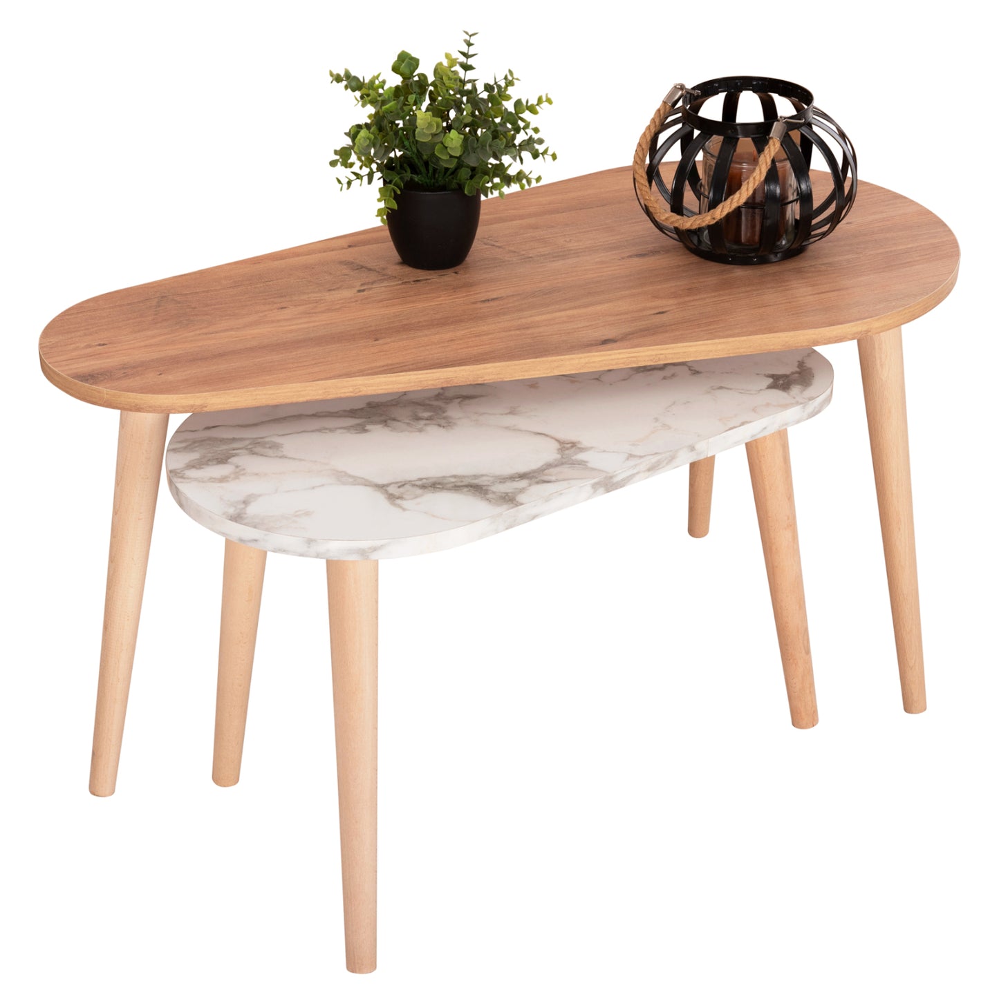 COFFEE TABLES 2PCS FB918179.03 MELAMINE IN NATURAL & WHITE MARBLE-WOODEN LEGS IN NATURAL 94x47x47Hcm