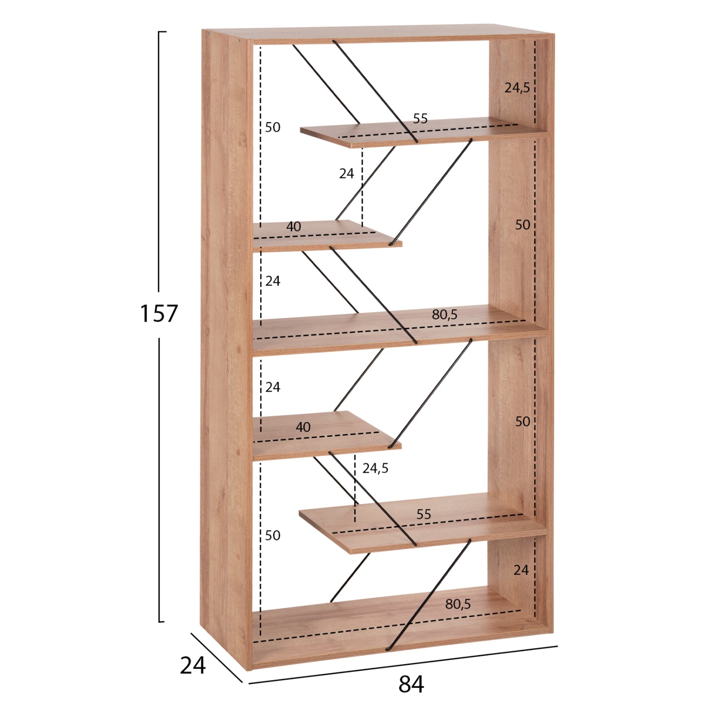 Bookcase Tars Hm2240.14 Natural Oak Melamine-black Metal Rods 84x24x157hcm.