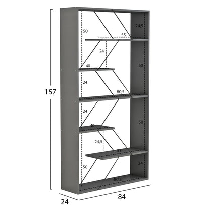 Bookcase Tars Hm2240.20 Grey Melamine-black Metal Rods 84x24x157hcm.