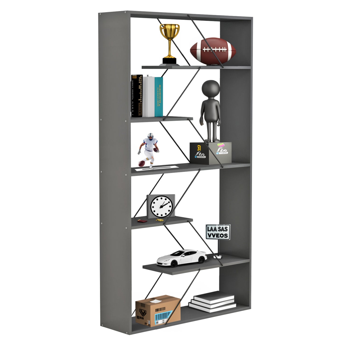 Bookcase Tars Hm2240.20 Grey Melamine-black Metal Rods 84x24x157hcm.