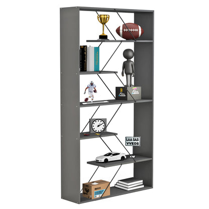 Bookcase Tars Hm2240.20 Grey Melamine-black Metal Rods 84x24x157hcm.