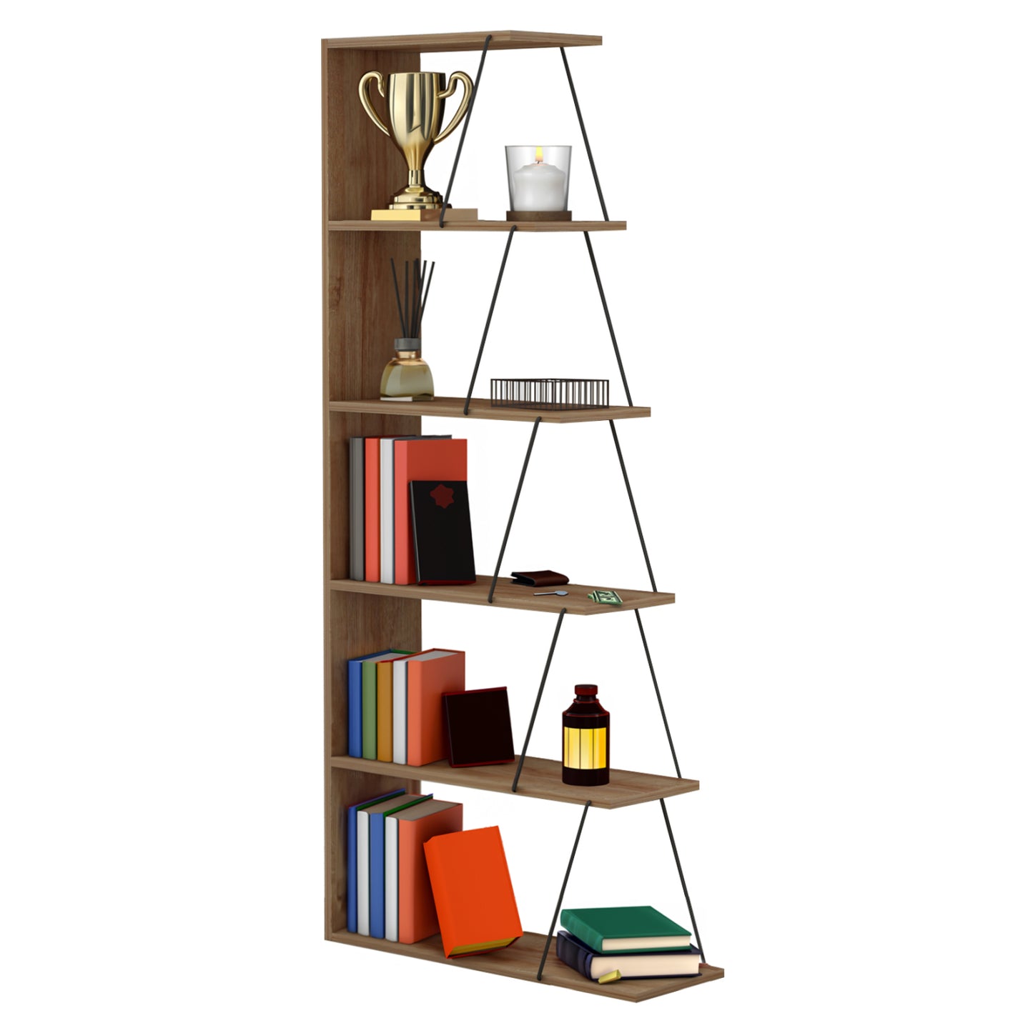 Bookcase Mini Tars Hm2241.14 Natural Oak Melamine-black Metal Rods 65x22-24x146hcm.