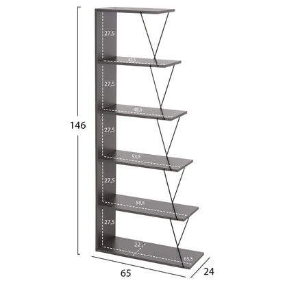 Bookcase Mini Tars Hm2241.20 Grey Melamine-black Metal Rods 65x22-24x146hcm.