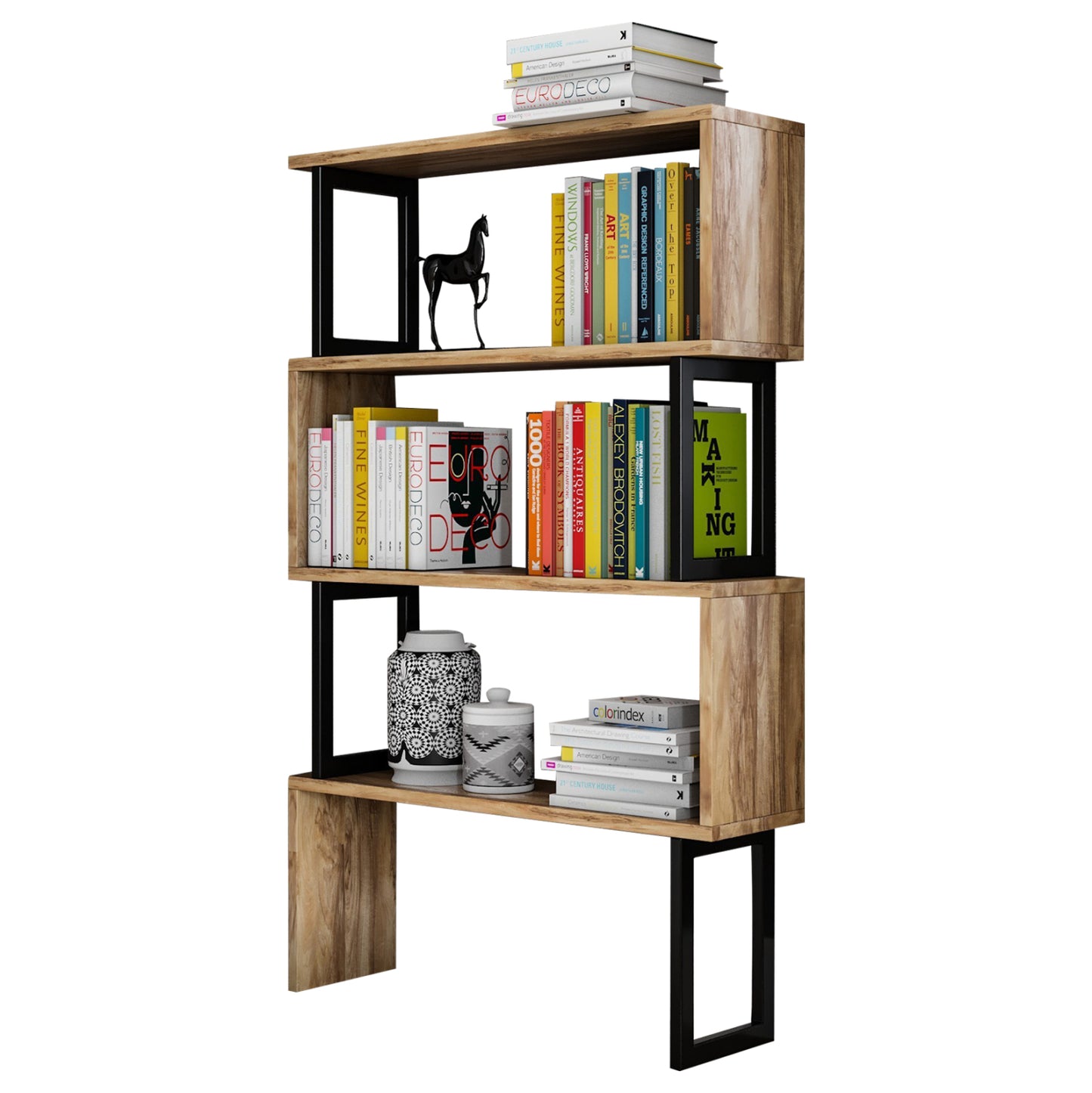 Bookcase In Walnut With Black Frame Hm8867.01 80x22x128cm.