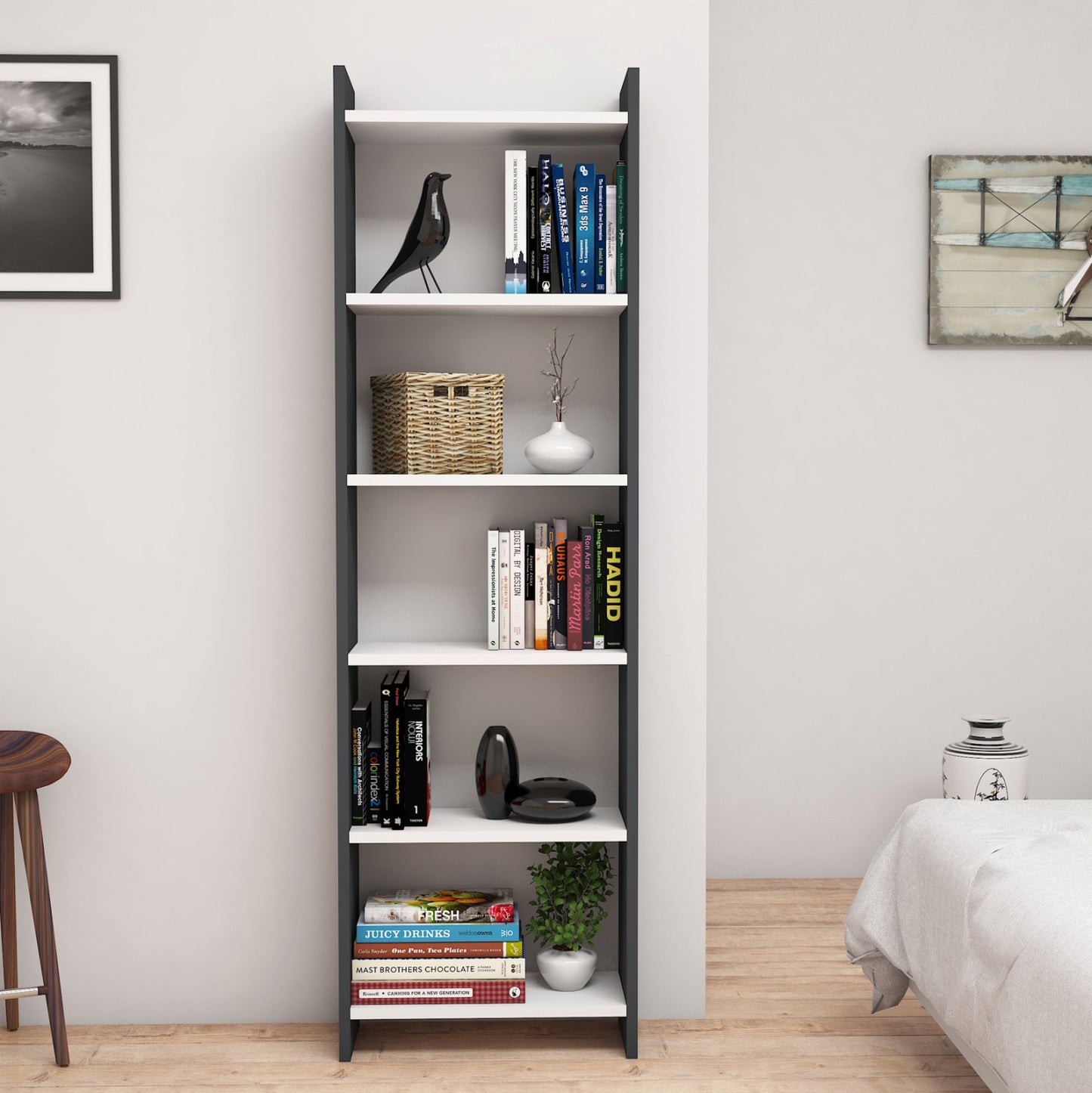 Bookcase Classiker Hm9226.13 Melamine Dark Grey-white 48,5x22x160hcm.