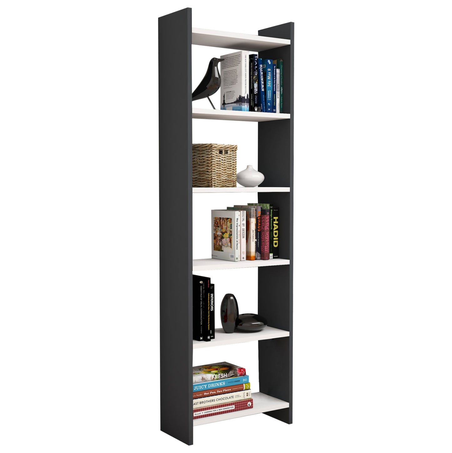 Bookcase Classiker Hm9226.13 Melamine Dark Grey-white 48,5x22x160hcm.