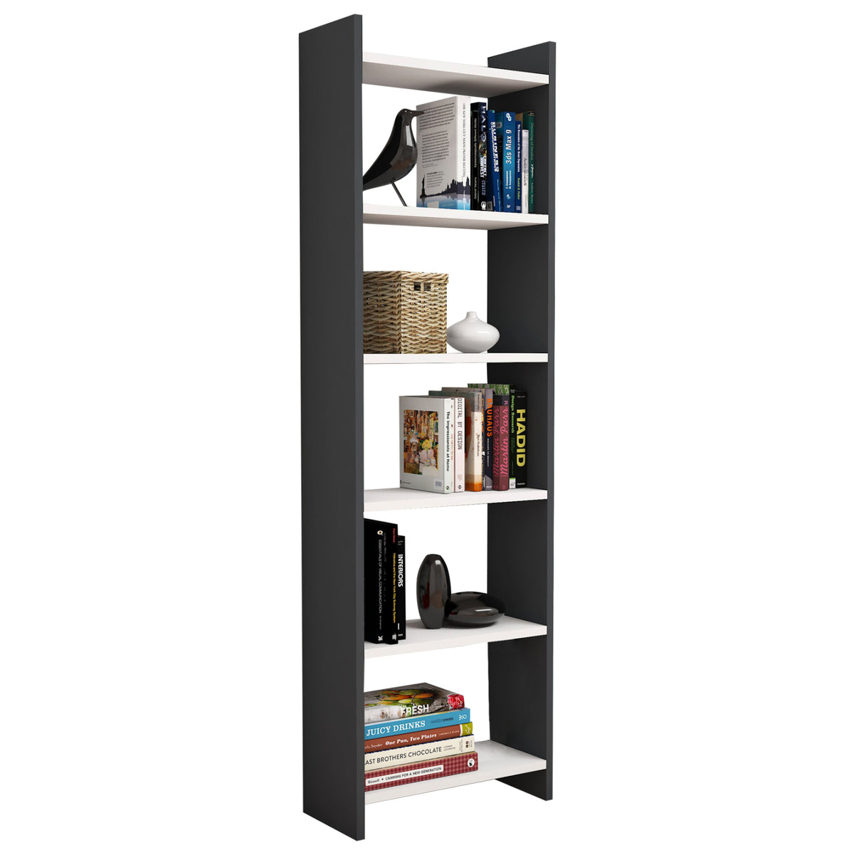 Bookcase Classiker Hm9226.13 Melamine Dark Grey-white 48,5x22x160hcm.