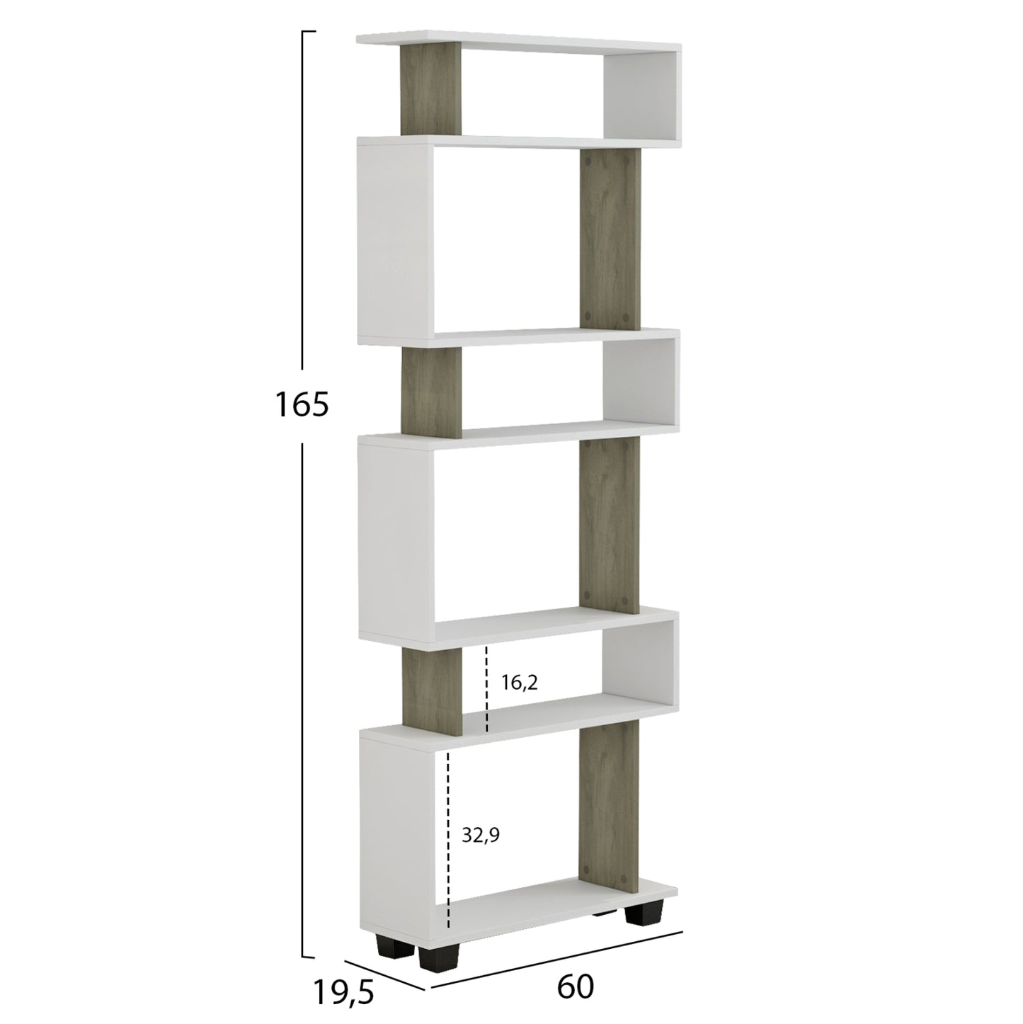 Bookcase Owl Melamine In Olive Grey White 60x19,5x165hcm.hm8923.11
