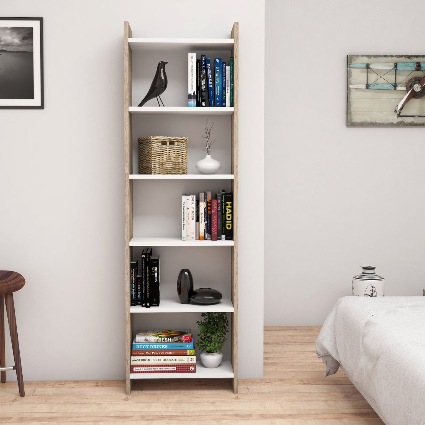 Bookcase Classiker Hm9226.12 Melamine In Sonoma-white 48,5x22x160hcm.
