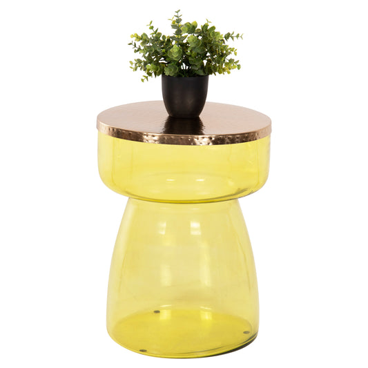 Side Table Rane Hm9731 Light Green Glass Base-metal Top In Gold Φ36x47hcm.