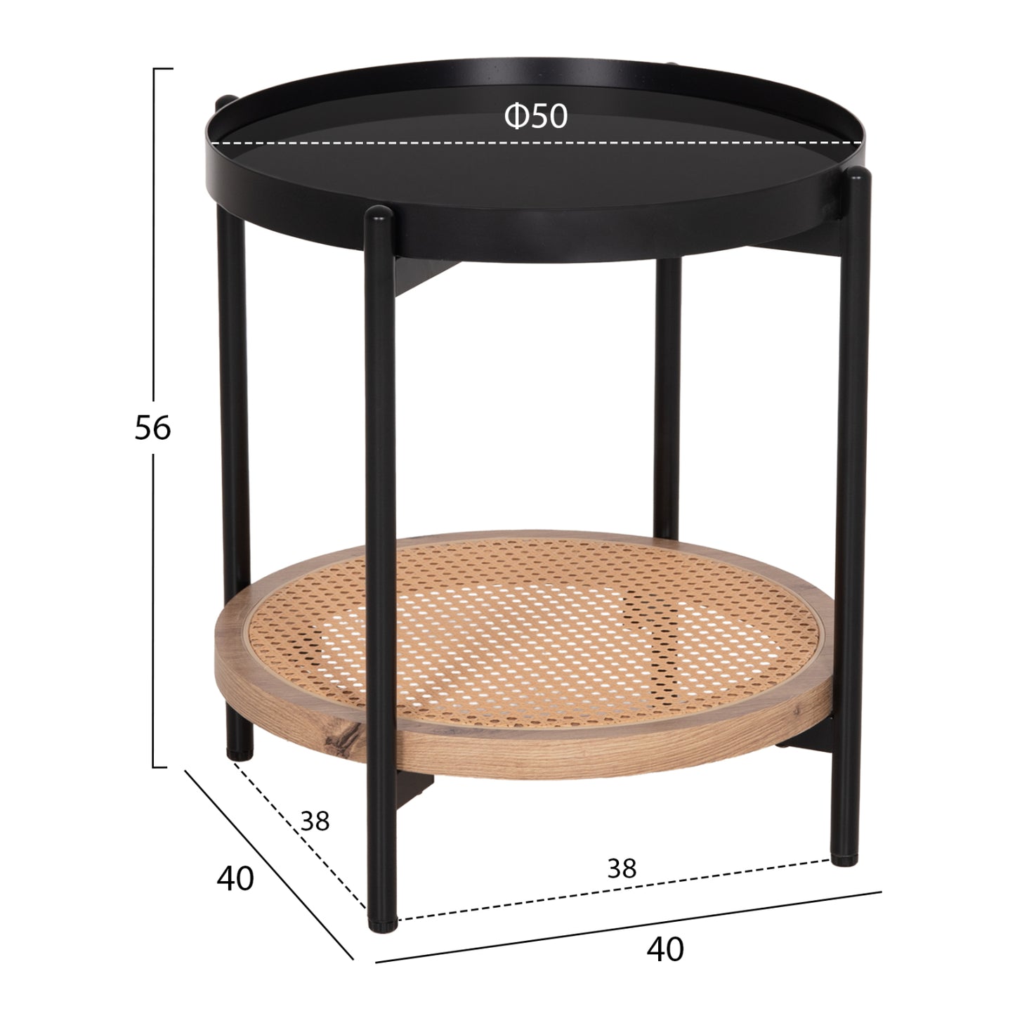 Side Table Seitz Hm18031 Glass Top-metal-rattan In Natural Φ50x56hcm.