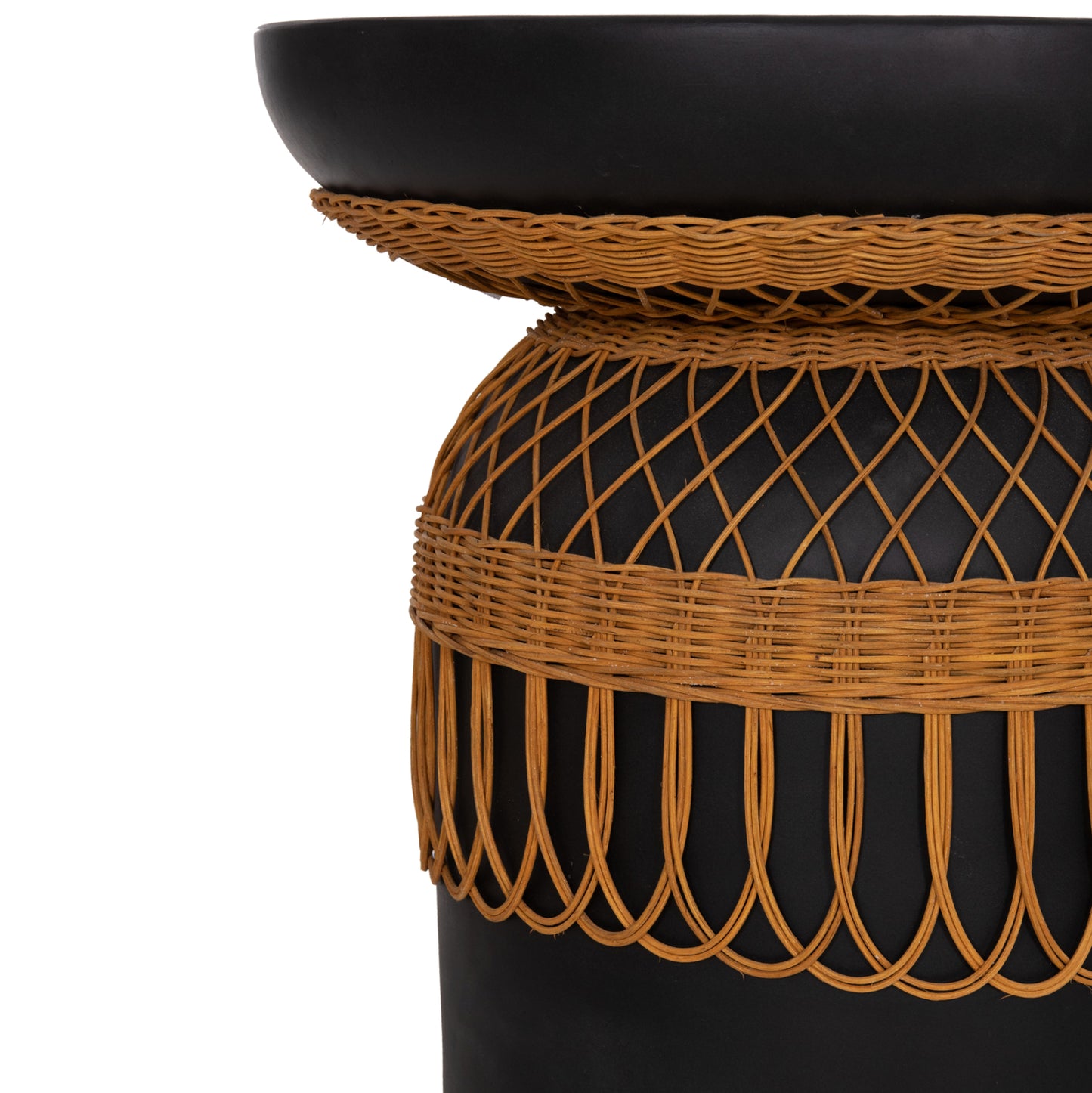 Side Table Round Prilep Hm18159.01 Fiber Cement In Black & Rattan--Φ60x76.5hcm.