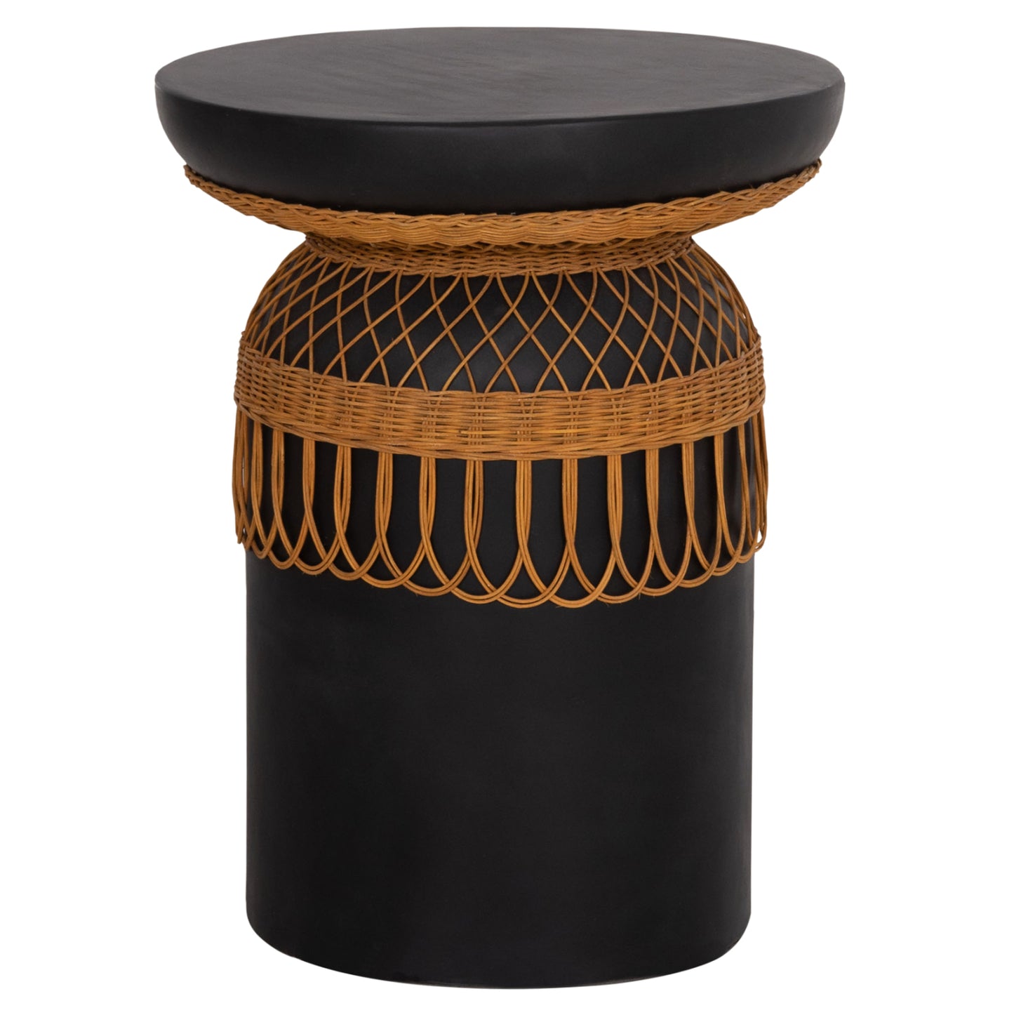 Side Table Round Prilep Hm18159.01 Fiber Cement In Black & Rattan--Φ60x76.5hcm.