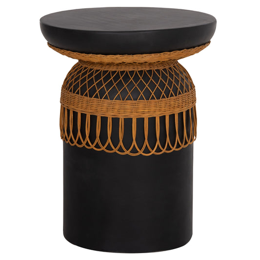 Side Table Round Prilep Hm18159.01 Fiber Cement In Black & Rattan--Φ60x76.5hcm.