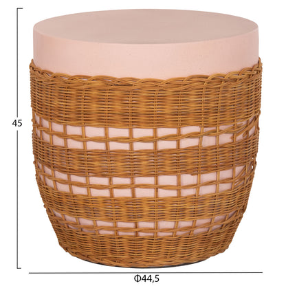 Side Table Round Vilhena Hm18166 Fiber Cement Pink--natural Rattan Φ44.5x45hcm.