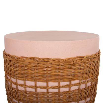 Side Table Round Vilhena Hm18166 Fiber Cement Pink--natural Rattan Φ44.5x45hcm.