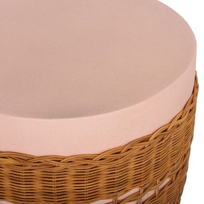 Side Table Round Vilhena Hm18166 Fiber Cement Pink--natural Rattan Φ44.5x45hcm.