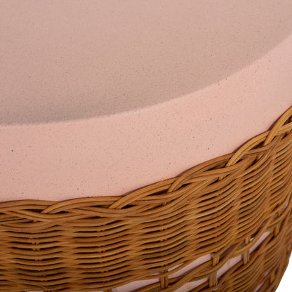Side Table Round Vilhena Hm18166 Fiber Cement Pink--natural Rattan Φ44.5x45hcm.