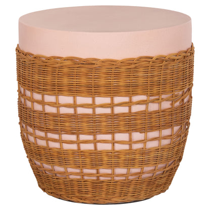 Side Table Round Vilhena Hm18166 Fiber Cement Pink--natural Rattan Φ44.5x45hcm.