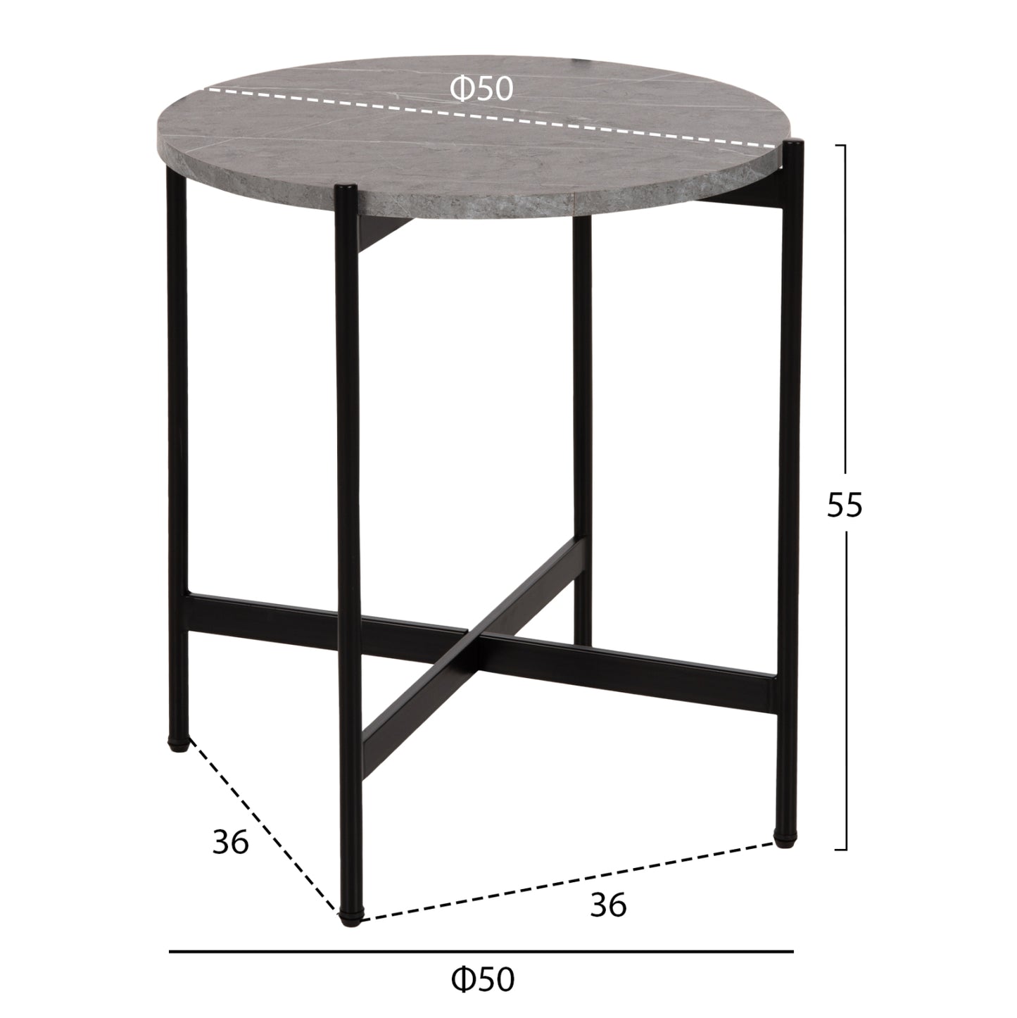 Side Table Hm9589.02 Mdf Grey Marble-black Metal Base Φ50x55hcm.