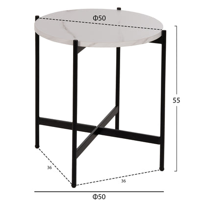 Side Table Hm9589.05 Mdf White Marble-black Metal Base Φ50x55hcm.