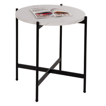 Side Table Hm9589.05 Mdf White Marble-black Metal Base Φ50x55hcm.
