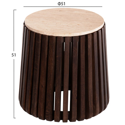 Side Table Krest Hm9711 Acacia Wood In Light Brown-white Travertine Φ50x50hcm.