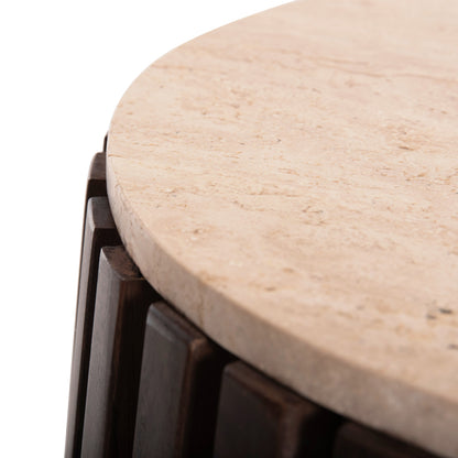 Side Table Krest Hm9711 Acacia Wood In Light Brown-white Travertine Φ50x50hcm.