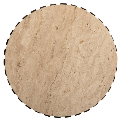 Side Table Krest Hm9711 Acacia Wood In Light Brown-white Travertine Φ50x50hcm.