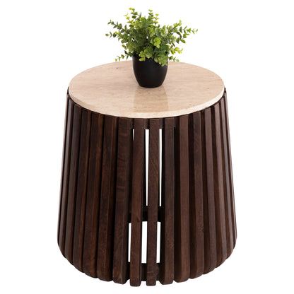 Side Table Krest Hm9711 Acacia Wood In Light Brown-white Travertine Φ50x50hcm.