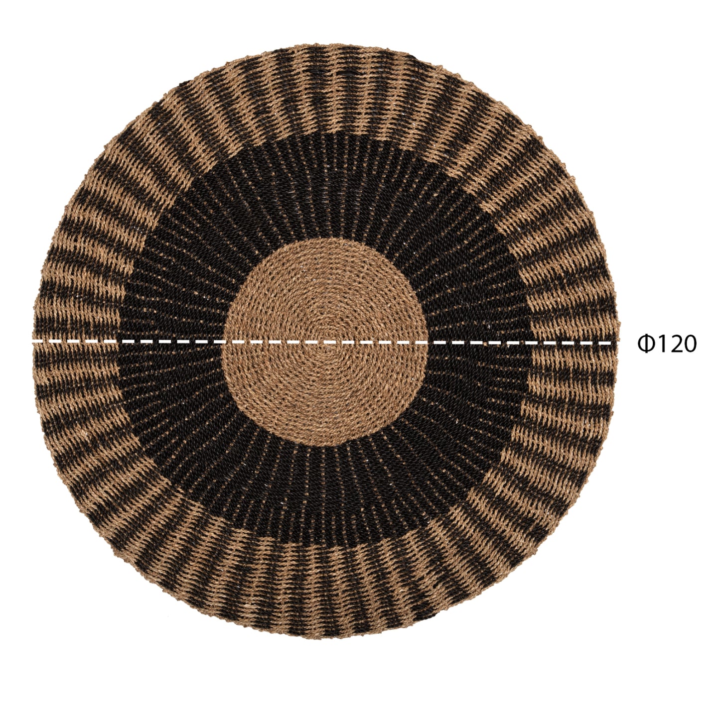 Round Carpet Kirki Hm7841 Natural Seagrass Fibers In Black-natural Color Φ120cm.